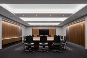 传媒公司前台木质背景墙装修效果图片