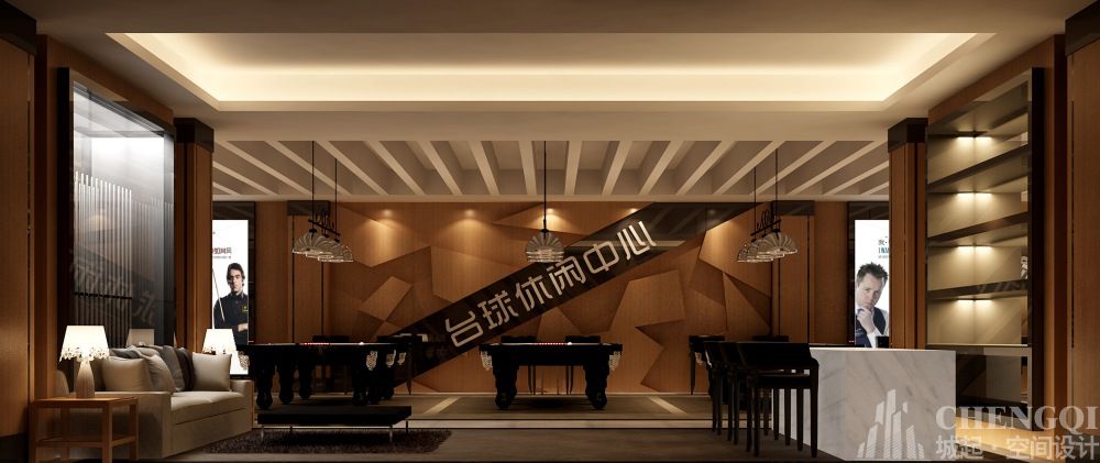 台球俱乐部空间装饰实景图,台球室装修设计效果图